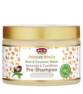 AFRICAN PRIDE MOISTURE MIRACLE DETANGLE & CONDITION PRE-SHAMPOO 12 OZ W ALOE, COCONUT WATER , 12oz