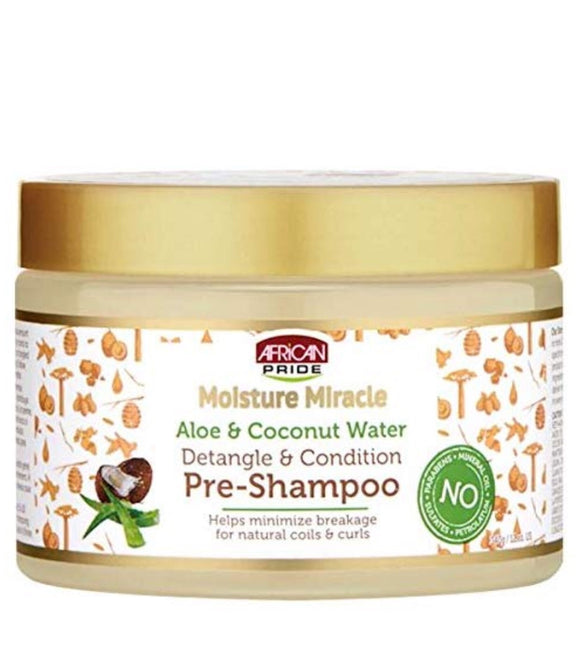 AFRICAN PRIDE MOISTURE MIRACLE DETANGLE & CONDITION PRE-SHAMPOO 12 OZ W ALOE, COCONUT WATER , 12oz